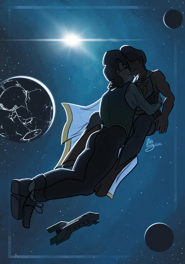 A man and a woman hold each other as they float in the middle of outer space. Some planets and a nearby star are prominent in the background.