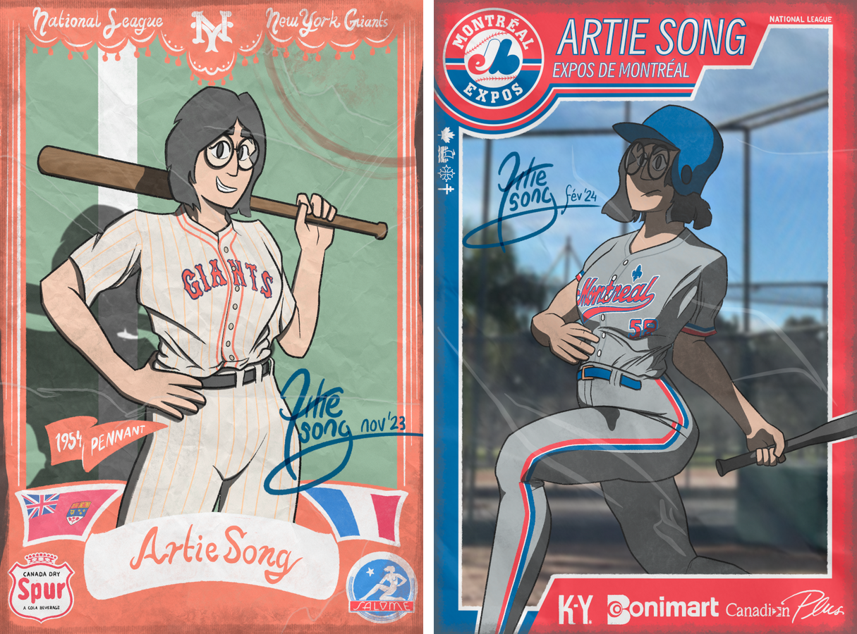 Two portraits of a woman dressed as a baseball player, each stylised as a baseball card. One representing the 1954 New York Giants and the other representing the 1992 Montréal Expos.