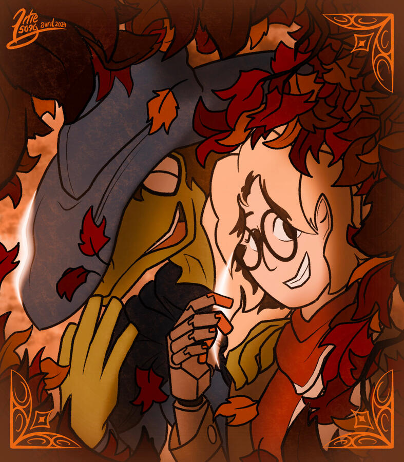 An anthropomorphic lizard man and human woman with a prosthetic arm stand next to each other. The woman pulls down the man's large hat using her magic.