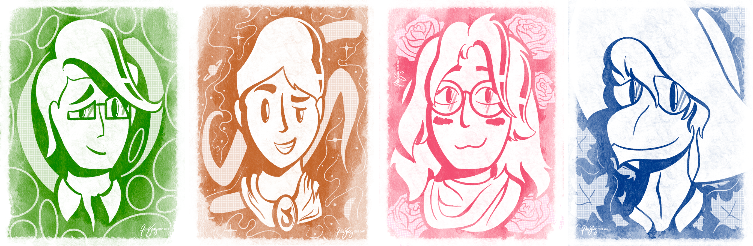 A series of four monochromatic, stylistic bust portraits, each illustrating one of Artie's characters looking directly at the viewer. The backgrounds feature abstract shapes and patterns.