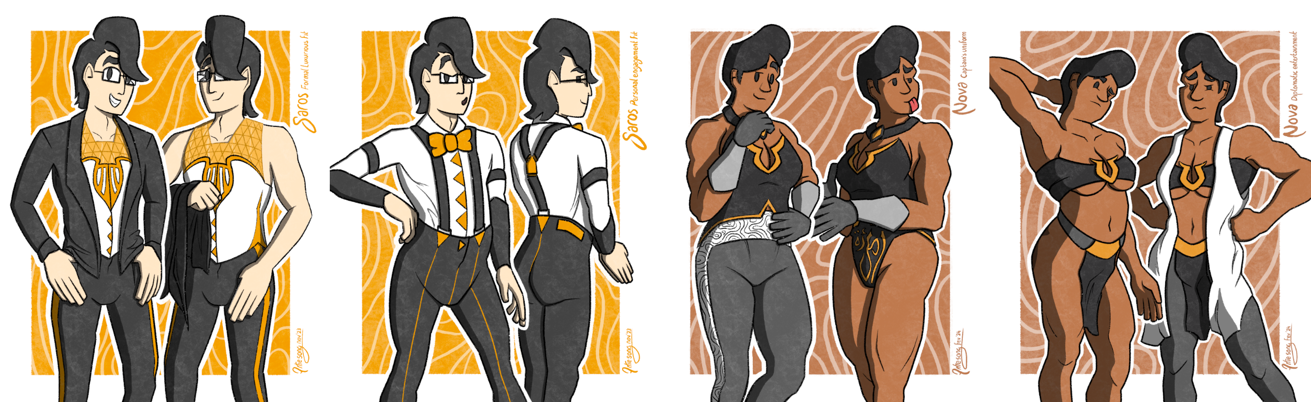 A series of four artworks, the first two depicting the same male character, and the last two the same female character, each depicting the character wearing a unique outfit in two different variations.