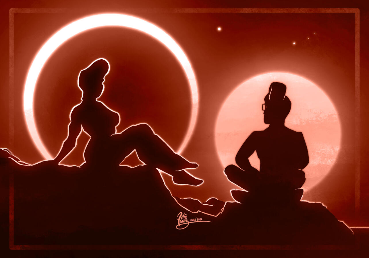 A silhouette of a woman and a man sitting in front of two stars. The star on the left is being partially eclipsed by a moon.