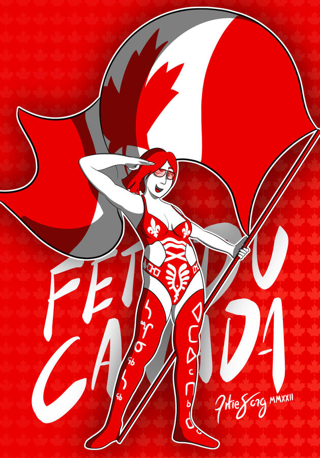 A woman in an outfit decorated in Canadian symbolism, hoisting a large Canadian flag above her head. The background features a maple leaf pattern.