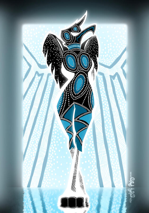 An anthropomorphic phoenix decorated in indigenous Australian-inspired patterns strikes a pose in front of a landscape artwork inspired by indigenous art styles.