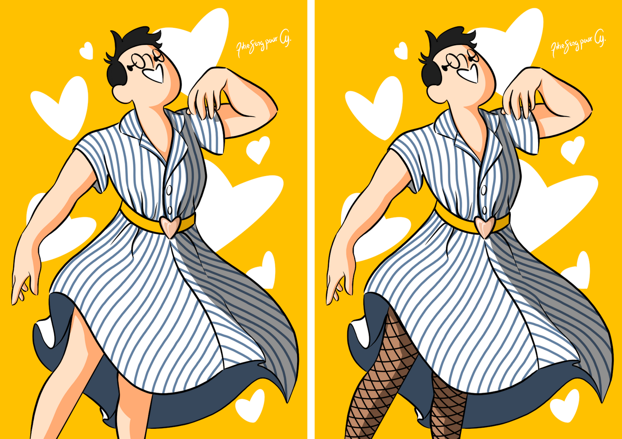 Two versions of a woman in a blue-striped white dress, with white hearts decorating a yellow background. One version features her with stockings on, while the other doesn't.