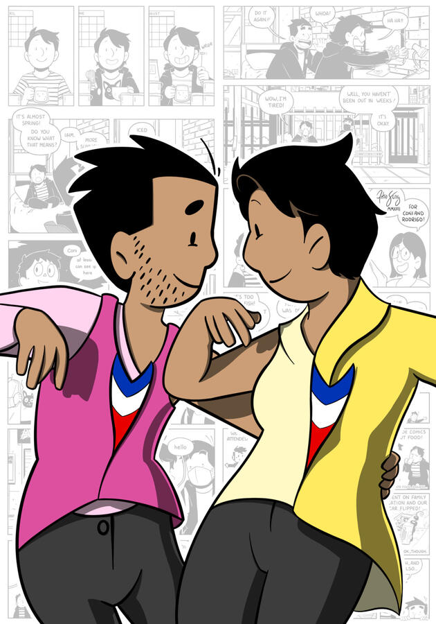 A man and a woman dancing together. Numerous panels from a comic strip series decorate the background.